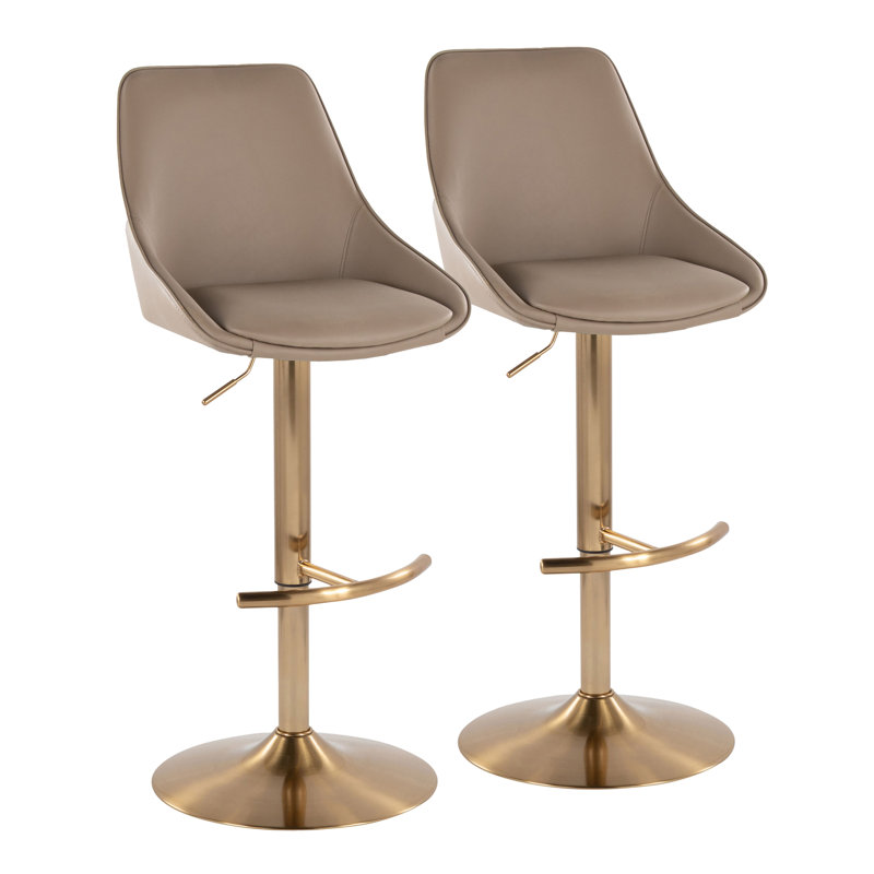 Diana Adjustable Barstool With Rounded T Footrest - Set Of 2, Brown Seat/Gold Frame