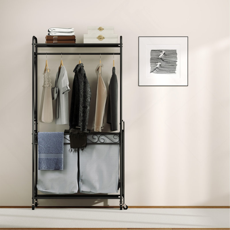 Organisateur de panier à linge multifonctionnel avec rail de suspension et tablette de rangement - Chariot à linge roulant sur roulettes, structure en métal robuste pour salle de bain