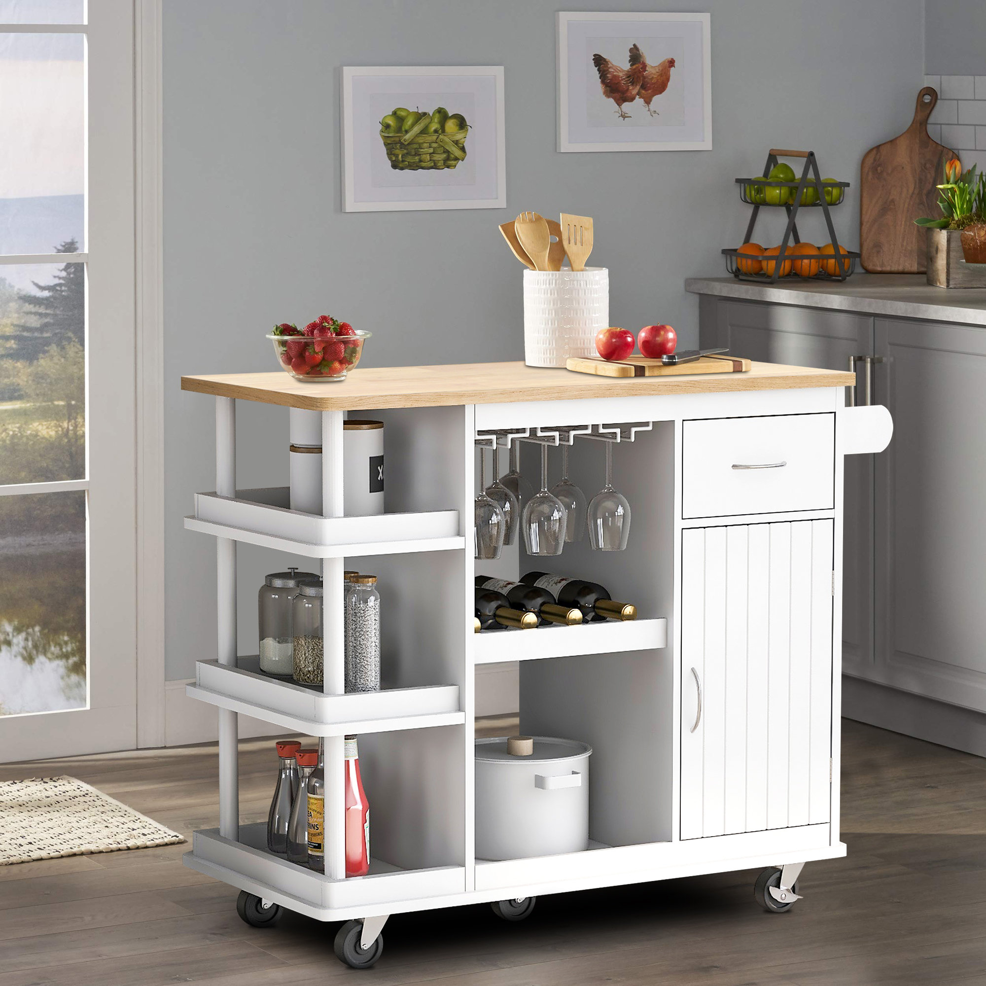 Kitchen Islands with Storage, Kitchen Carts and Islands Rolling Kitchen Island Storage Cabinets on Wheels with Drawers, Towel Rack and Shelves in