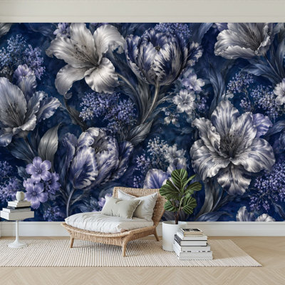 Papier peint adhésif autocollant à motif floral beige, blanc, fleurs, bleu foncé, papier auto-adhésif amovible, décoration murale pour salon, chambre à coucher H 100 po x l 144 po