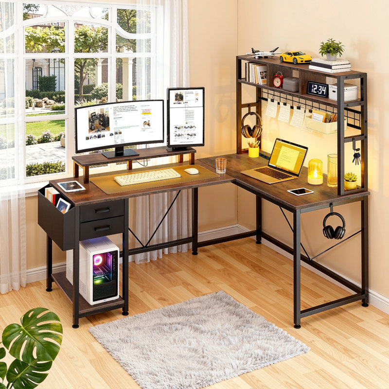 Metal Base Computer Desk with Power Outlet, Black