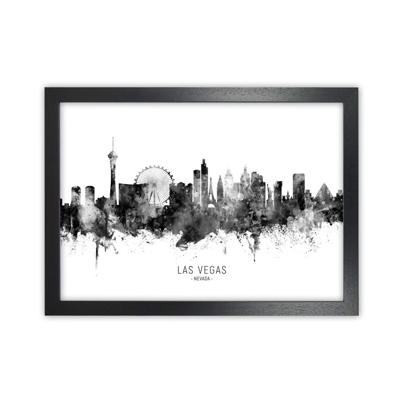 Las Vegas Nevada Skyline Black White City Name by Michael Tompsett - Print, 64cm H x 88cm W x 3cm D, Black Framed