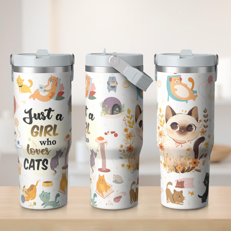 Gobelet 30 oz avec couvercle et poignée Gobelets isothermes en acier inoxydable Bouteille d'eau mignonne avec rabat (chat)