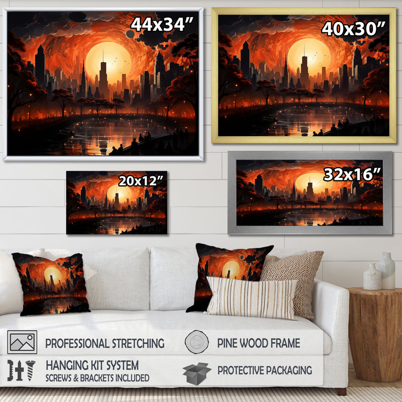 «Nyc Central Park Mystic Sunrise - City New York», art mural, Cadre doré à coins fermés, H 34 po x l 44 po x P 1,5 po
