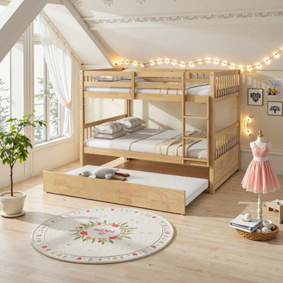 Full Over Full Rubber Wood Bunk Bed With Trundle, Ladder, Guardrails, Convertible To 2 Beds