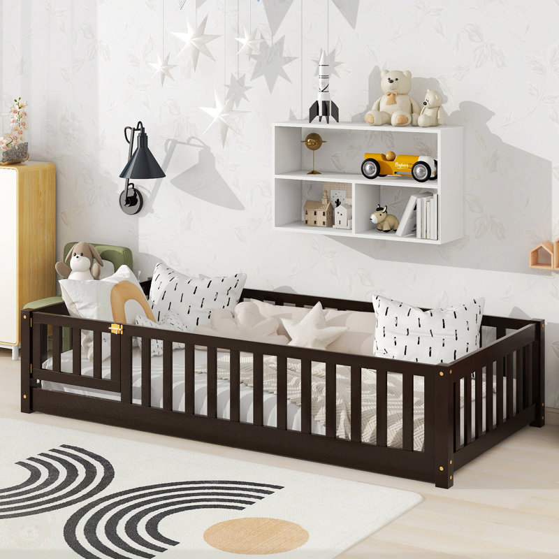 Floor Platform Bed With Fence Guardrails And Door, Full Duplicate, Natural 1 Duplicate