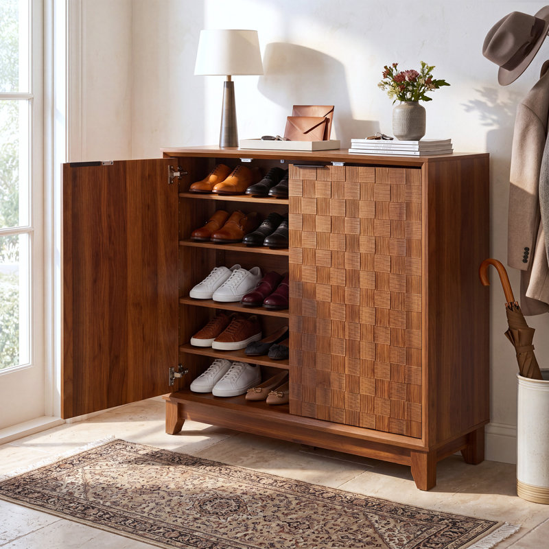 Armoire à chaussures 24 paires avec tablettes réglables, armoire de rangement moderne en damier sculpté pour hall d'entrée, salon, placard, brun noyer