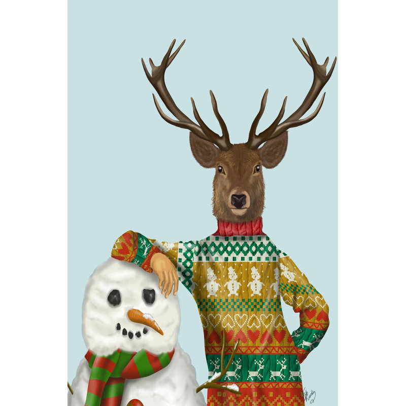 Deer In Christmas Sweater With Snowman by Fab Funky - Wrapped Canvas Print, 91cm H x 61cm W