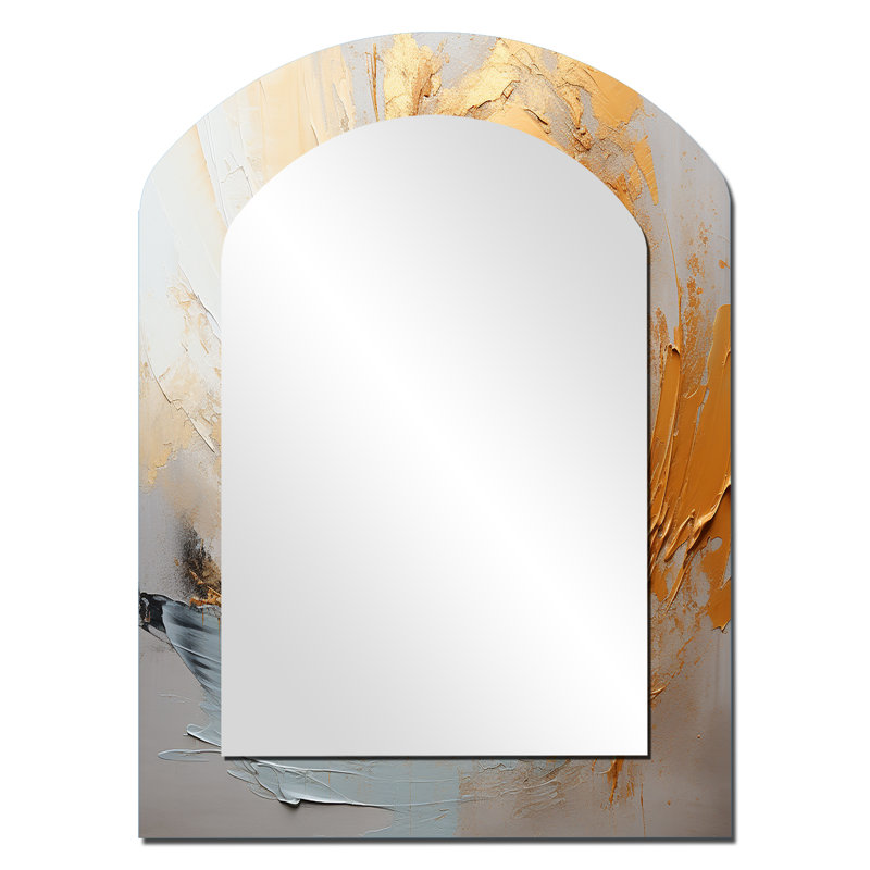 Or et beige Soft Wave Paint III - formes abstraites, miroir mural décoratif asymétrique, miroir arche moderne, impression d'art en métal