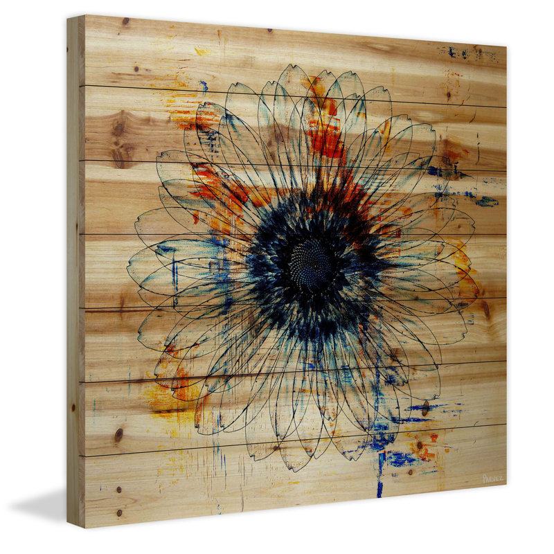 « stencil fleur », reproduction d’art sur bois de pin naturel, H 24 po x l 24 po x P 1,5 po