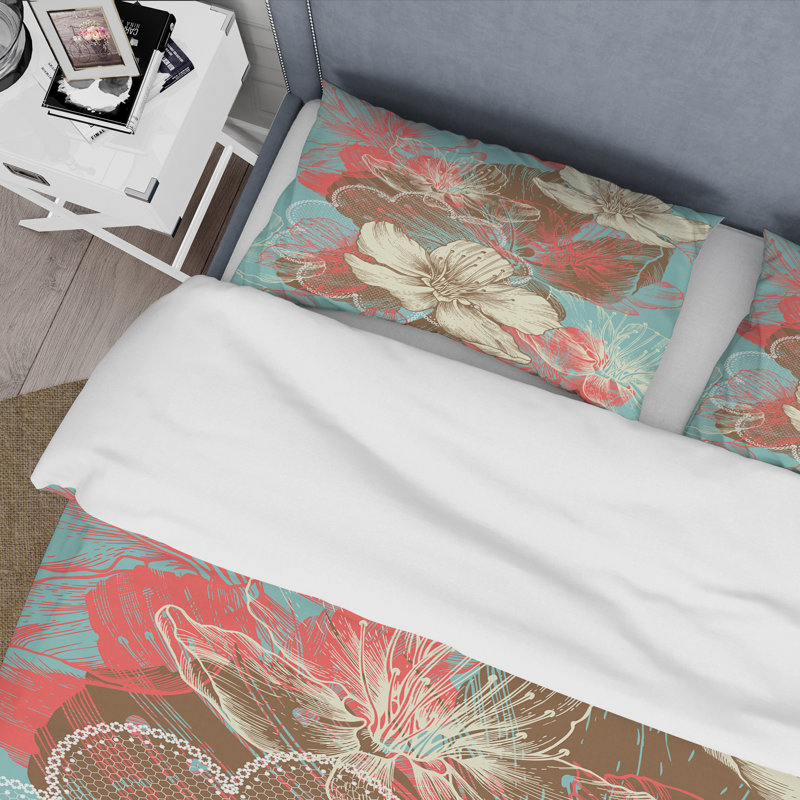 Ensemble de housse de couette en microfibre corail / turquoise / brun, Housse de couette pour très grand lit et 2 très