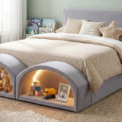 Queen Size Upholstered Platform Bed Frame with Dual Cat Caves, LED Lighted Pet Nests at Footboard, Gray