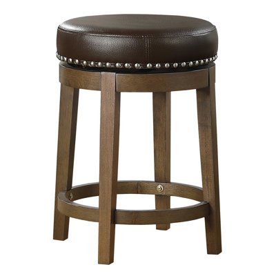 2 tabourets à hauteur de comptoir, assise en similicuir brun, pivotant à 360 degrés, structure en bois massif pour 2 tabourets ronds, cuir, structure à 360 °, garniture cloutée, charmant