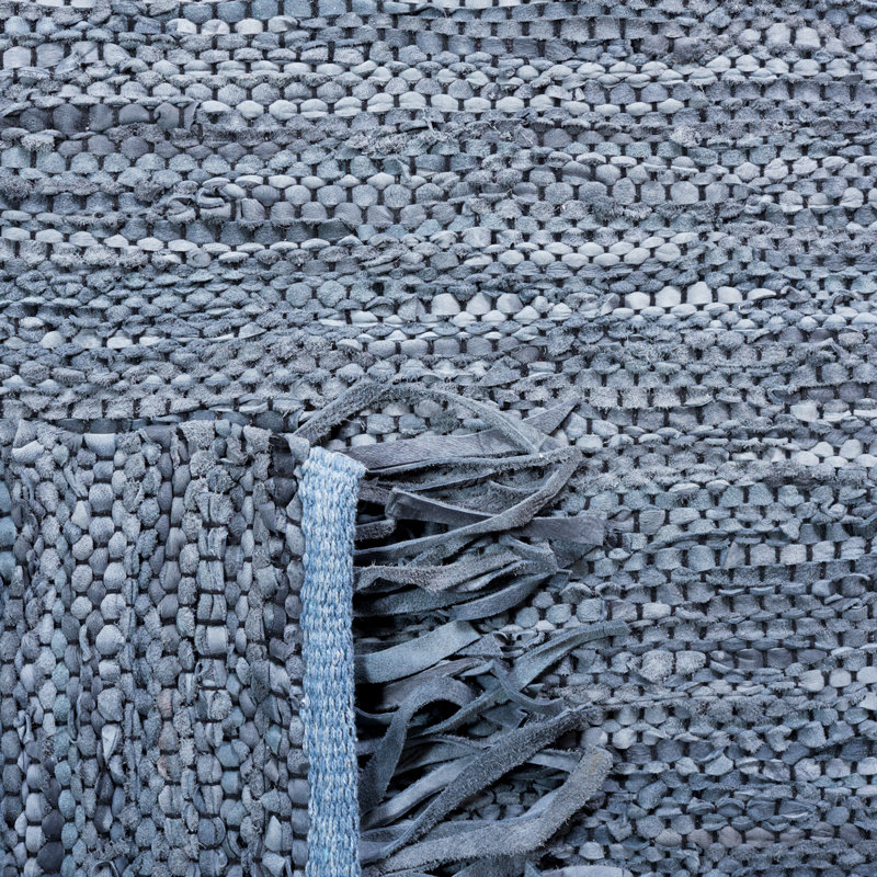 Kristell Vintage Leather Hand Woven Leather/Cotton Striped Rug in Gray/vory, Rectangle 4' x 6'