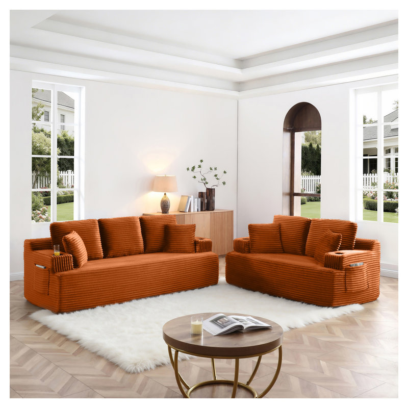 Canapé de sol trois places en velours côtelé sans dossier, 219 cm (86,2 po), avec porte-gobelets et poches latérales, orange