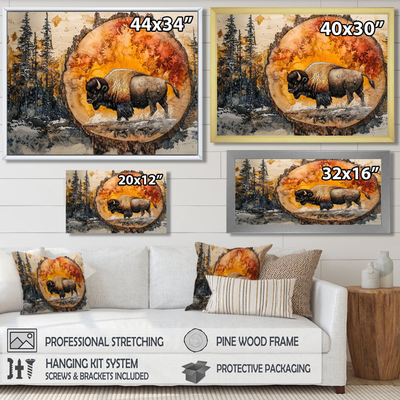 Bison américain dans une glissade en bois, paysage de forêt I - bison, art mural, H 12 po x l 20 po, Cadre flottant, Noir