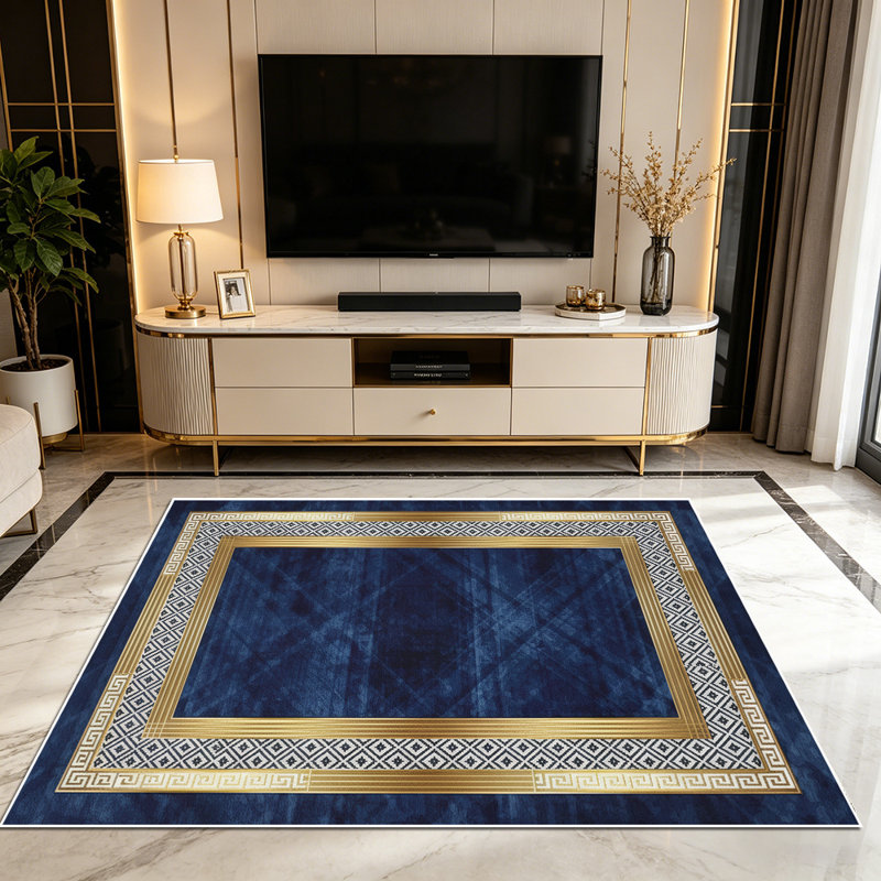 1PC luxury gold greek key geometric diamond navy blue area rugs, Soft and Comfortable, easy-to-maintain, machine washable Indoor floor mat, suitable for living room, bedroom, dining room, entryway, hallway, patio, porch, Home Decor, Outdoor Decor.