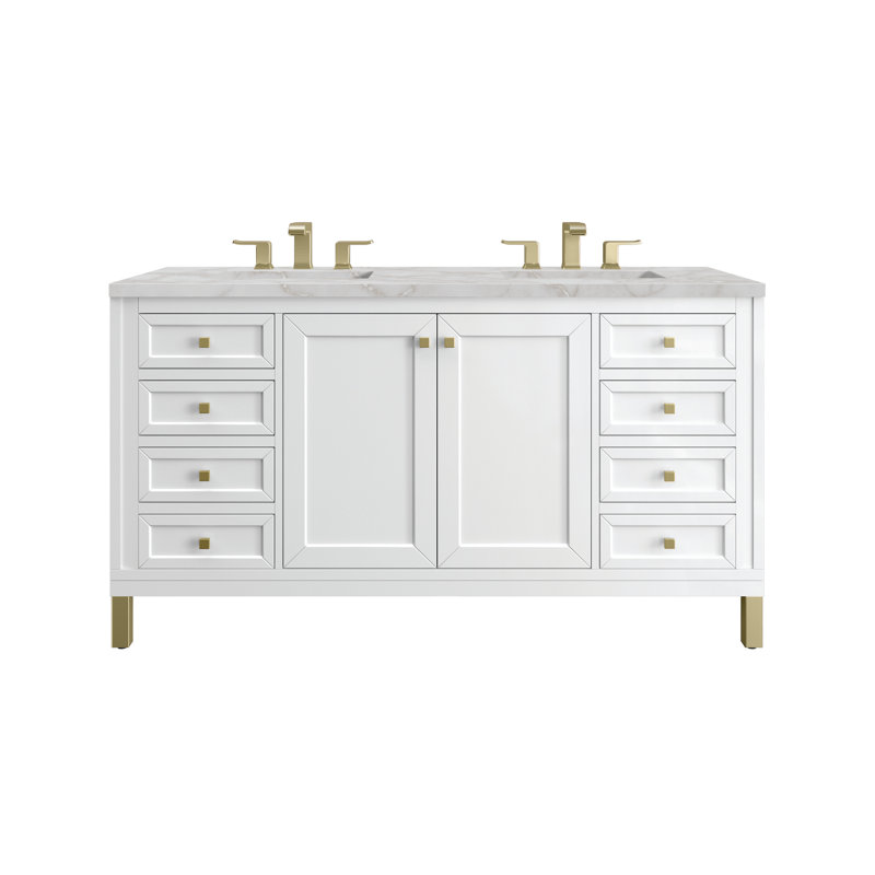 Chicago 60'' W Double Vanity, 8" Widespread, Victorian Silver, Glossy White
