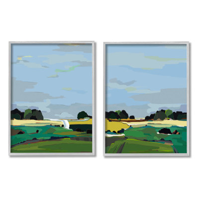 Paysage champêtre abstrait de campagne par Nikita Jariwala - Ensemble de 2 peintures sur bois