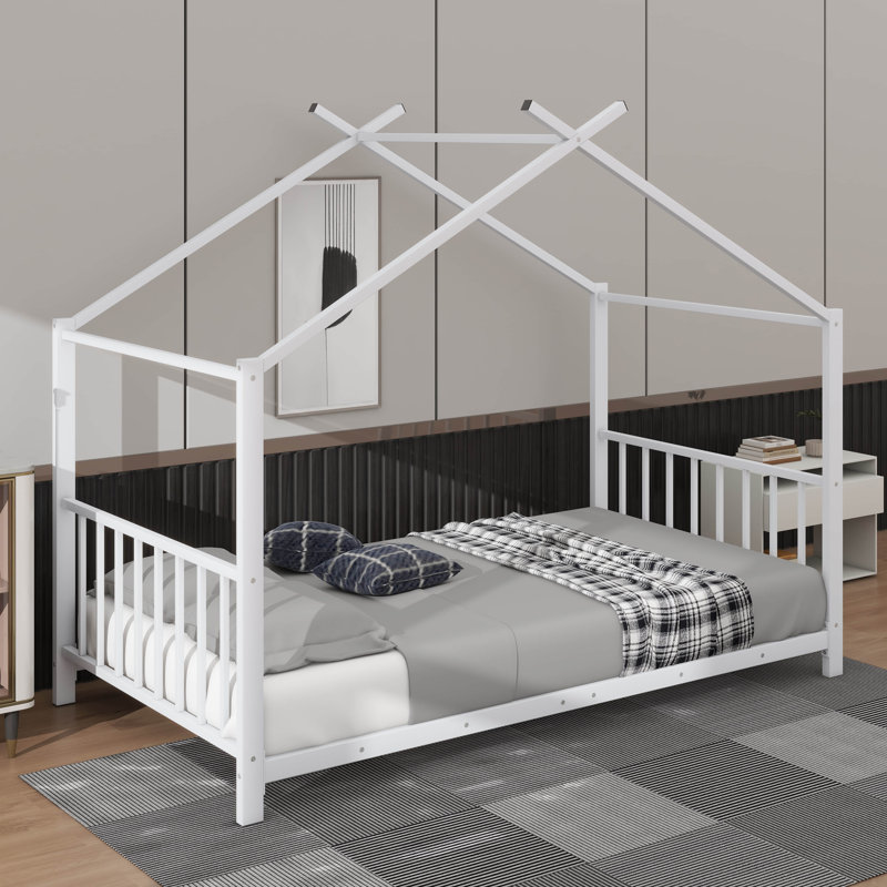Lit plateforme simple en métal en forme de maison, Blanc