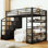 Lit mezzanine en métal avec tablettes de rangement, armoires et garde-robe