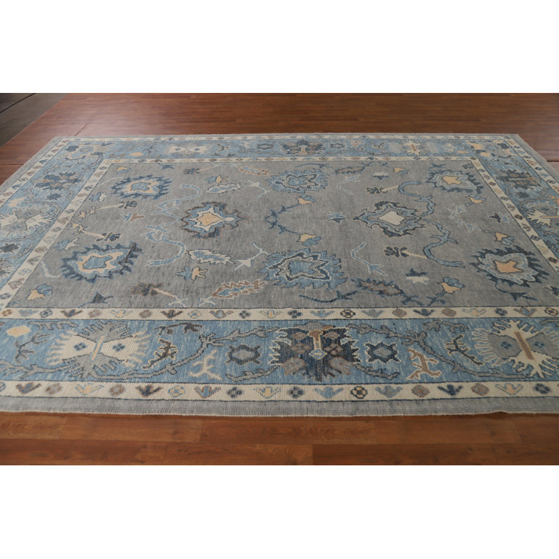 Tapis gris et bleu à motif floral Oushak 8 x 12