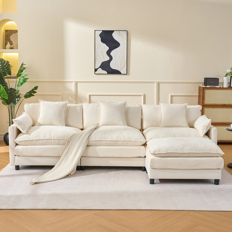 Canapé modulaire en L 108 po avec repose-pieds en chenille de 108 po pour salon et chambre à coucher, Beige Chenille