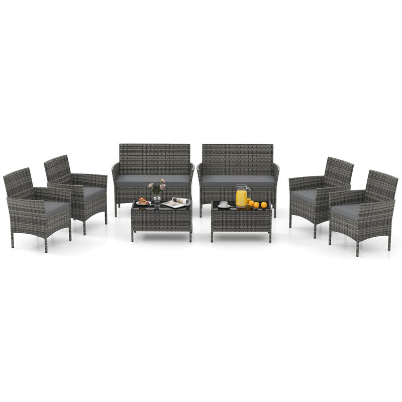 8 Pcs Patio Furniture Set With Washable Cushions And Tempered Glass Coffee Table Grey