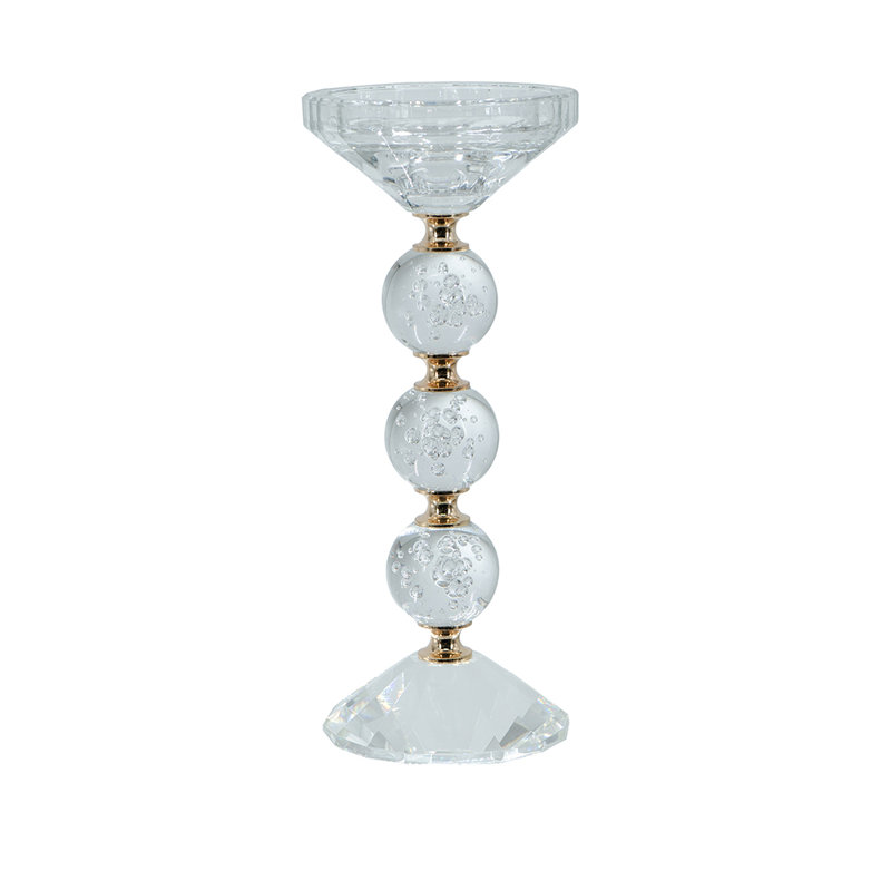 D3.5X9" Clear Glass Pillar Candle Holder With Gold Alloy Accents, 8.9" H x 3.5" W x 3.5" D