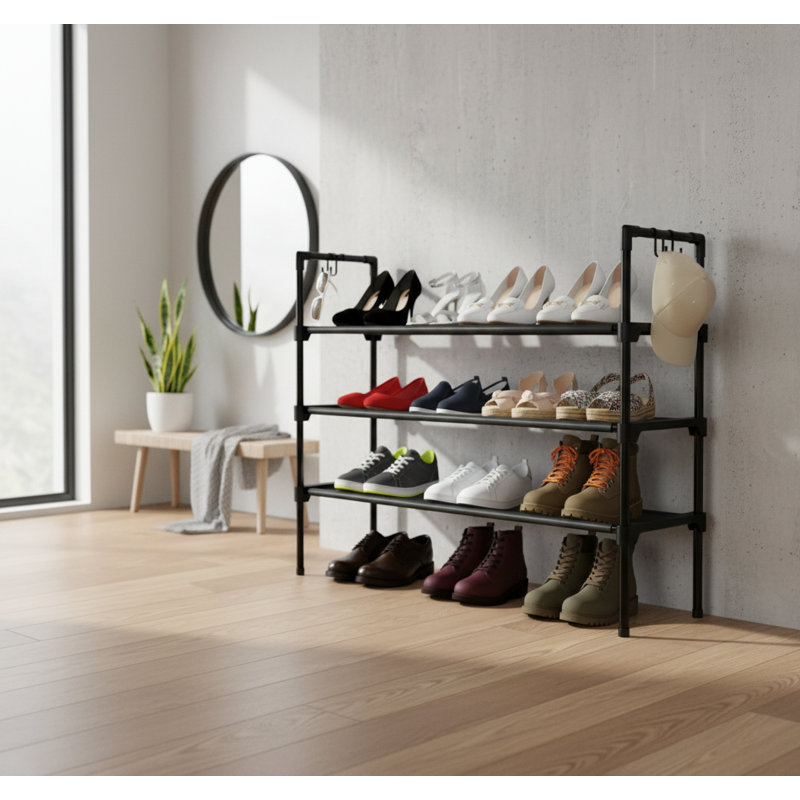 3-Tier Long Shoe Rack with 5 Hooks, Stackable Storage Organizer for Entryway & Small Spaces, Black