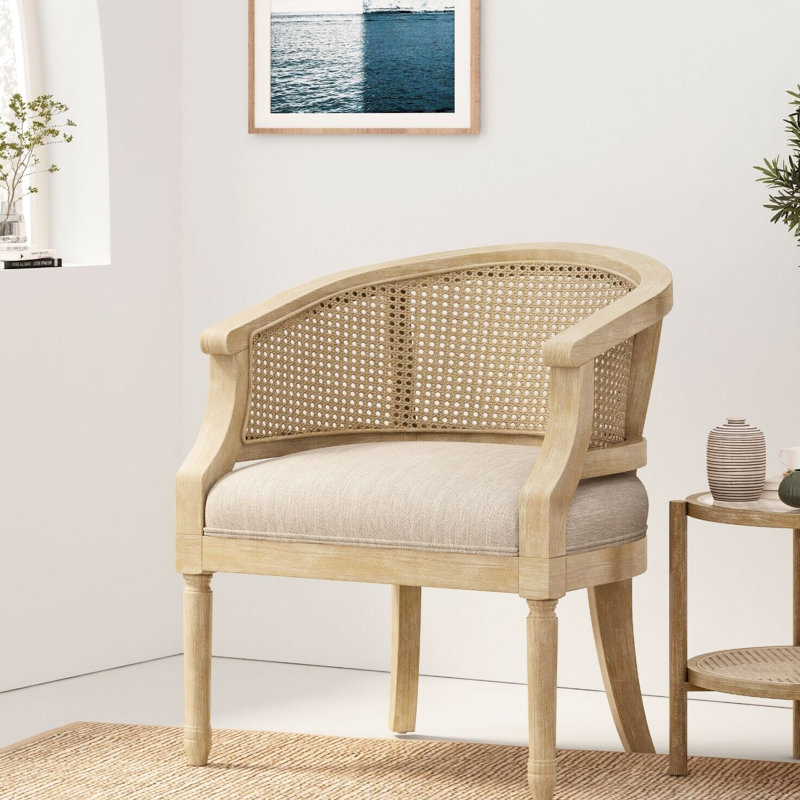 Chaise d'appoint classique avec sangle de canne et base rembourrée élégante, Beige