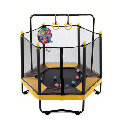 54 Inch Trampoline for Kids with Enclosure, Indoor & Outdoor Toddler Trampoline With Adjustable Gymnastics Bar , Ring ,Basketball Hoop , Boxing Bag an