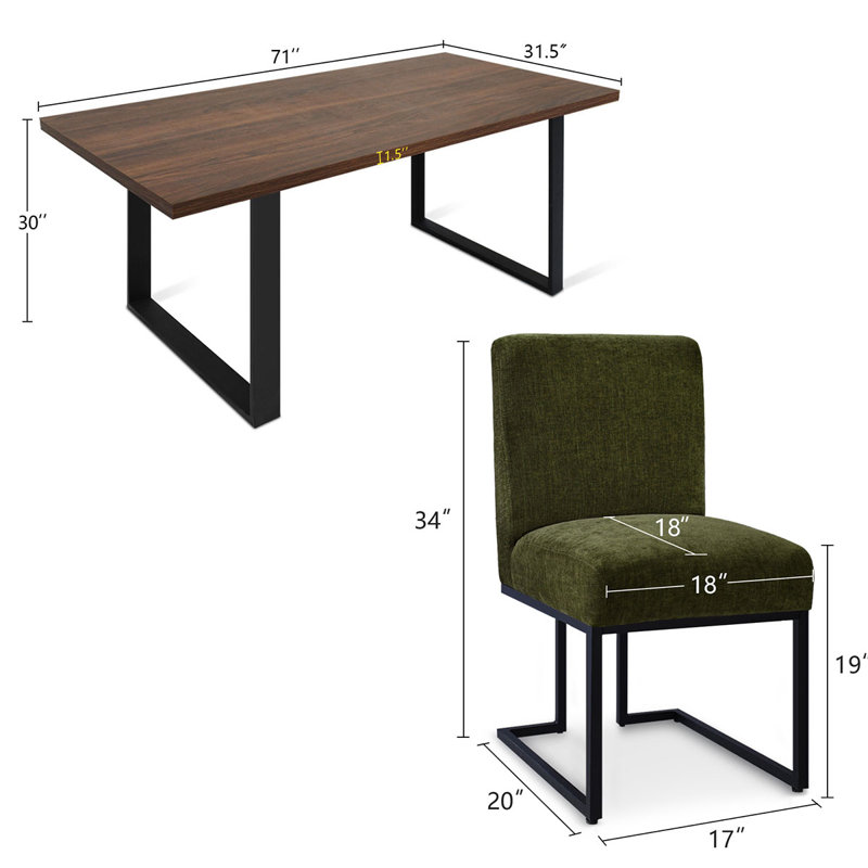 Cederick 4-Person Dining Set with Rectangular Table, Green, Walnut