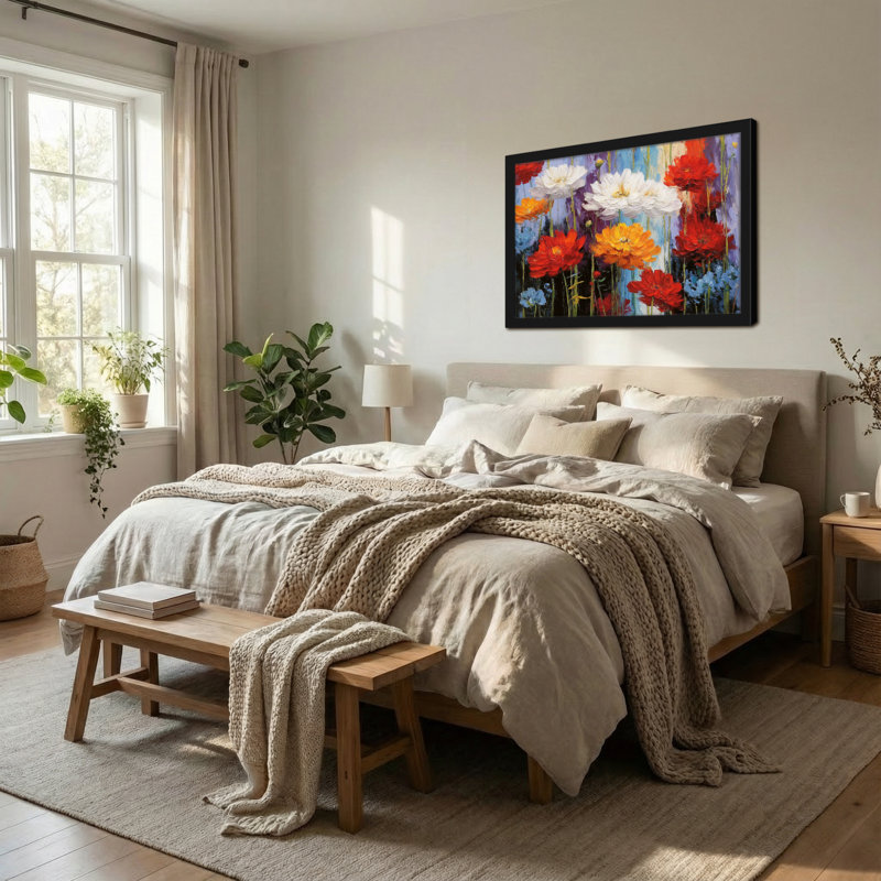 Plantes et fleurs, fleurs colorées sur toile, H 12 po x l 18 po