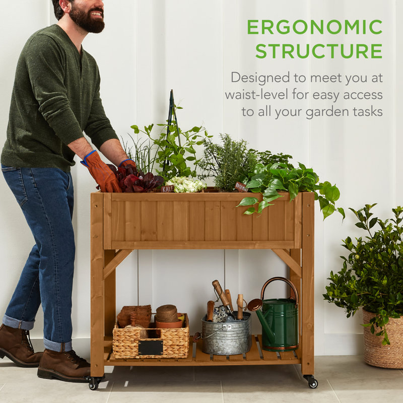 Roselean Elevated Mobile Pocket Herb Garden Bed Planter w/ Lockable Wheels, Storage Shelf