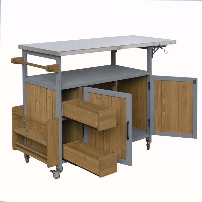 54.33" Farmhouse Rolling Outdoor Kitchen Cart, Solid Wood Frame With Stainless Steel Top, Spice Rack, Towel Rack, Lockable Wheels & Multi-Functional Storage For Patio, Backyard BBQ & Kitchen