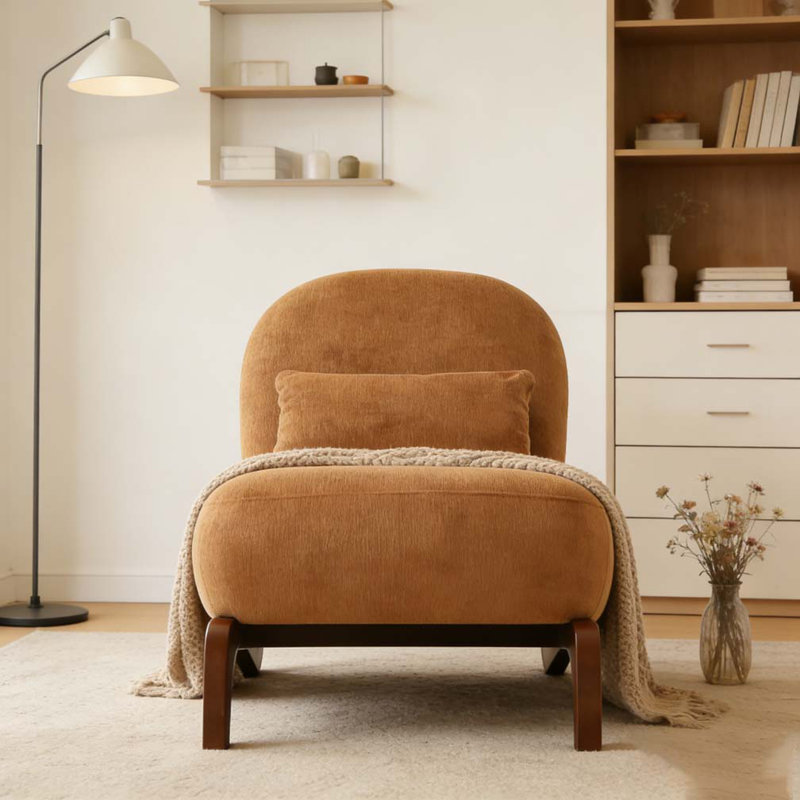 Mignon fauteuil d'appoint avec pieds en bois massif, Tissu, Caramel