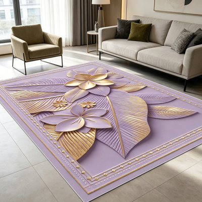 1PC 3D Embossed Lavender Gold Tropical Floral Leaf area rugs for Living Room, Soft, All seasons, Easy-maintain, Washable Indoor mat, Farmhouse suitable for for living room, bedroom, dining area...