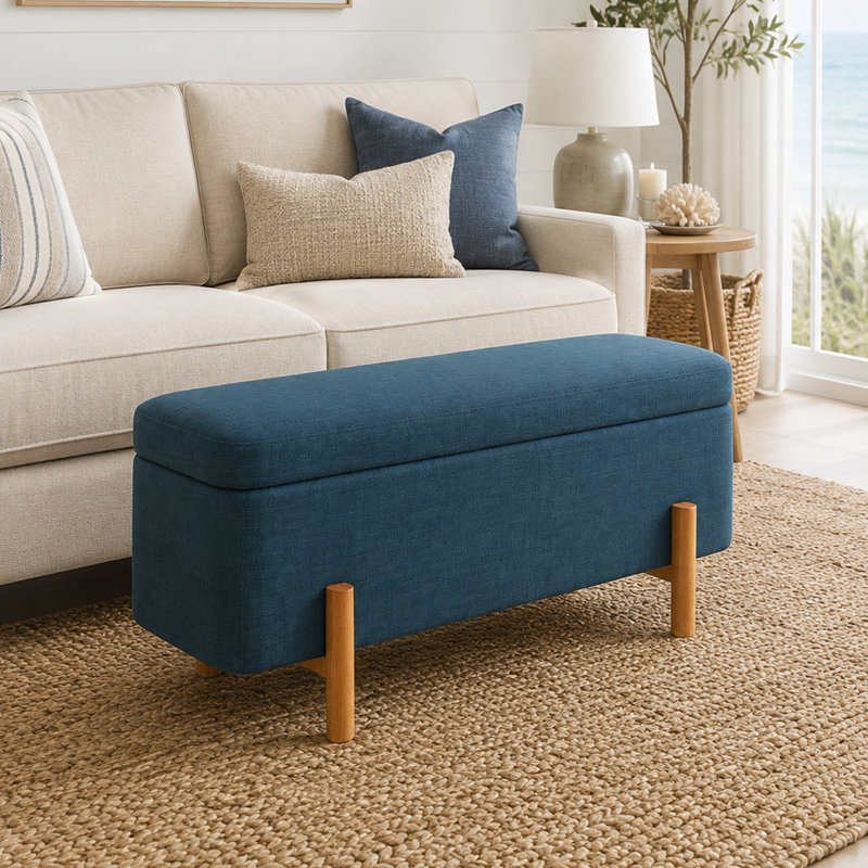 Banc de rangement avec repose-pieds Ashton, Tissu bleu foncé