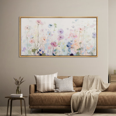 Pastel Wildflower Field Framed Canvas – Watercolor Floral Art in Soft Tones