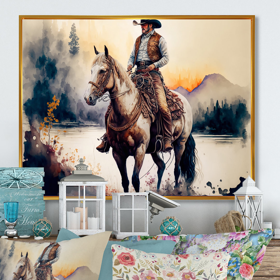 " Western Cowboy Riding A Horse II " Painting Print Union Rustic 