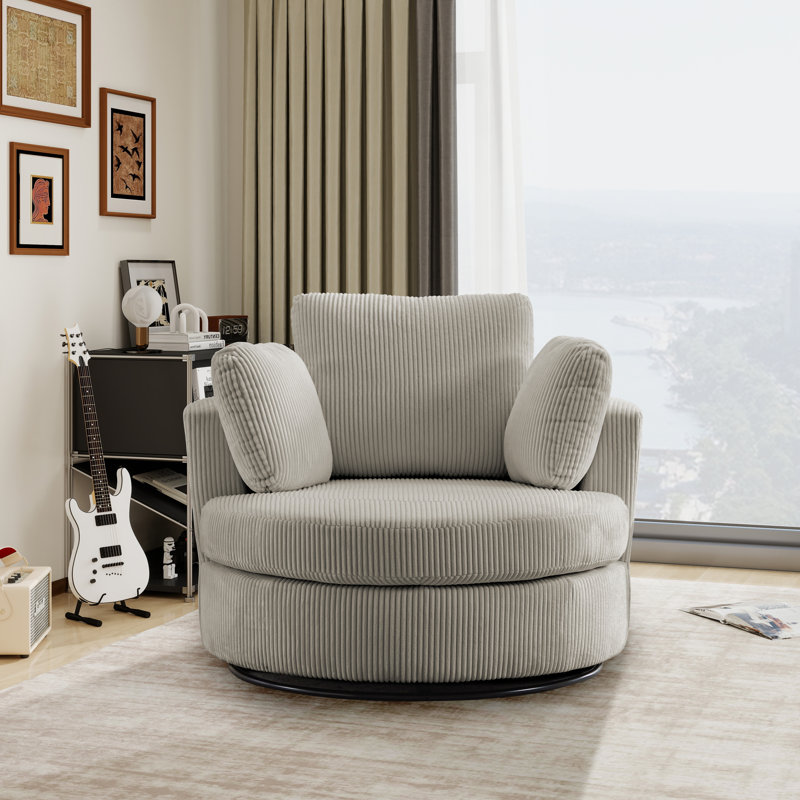 Dahlonega Swivel Barrel Chair, Light Gray Corduroy, 34.6'' H x 50'' W x 47'' D