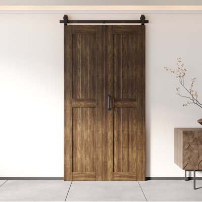 Homacer 84“ High Unassembled & Finished Dark Walnut Barn Door, Two 20" x 84" Doors with Bi-Fold Top Mount Hardware Kit