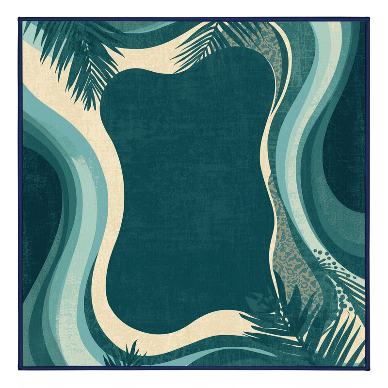 Machine Washable Peksenak Tropical Abstract Rug in Blue – Navy Binding, 5' Square