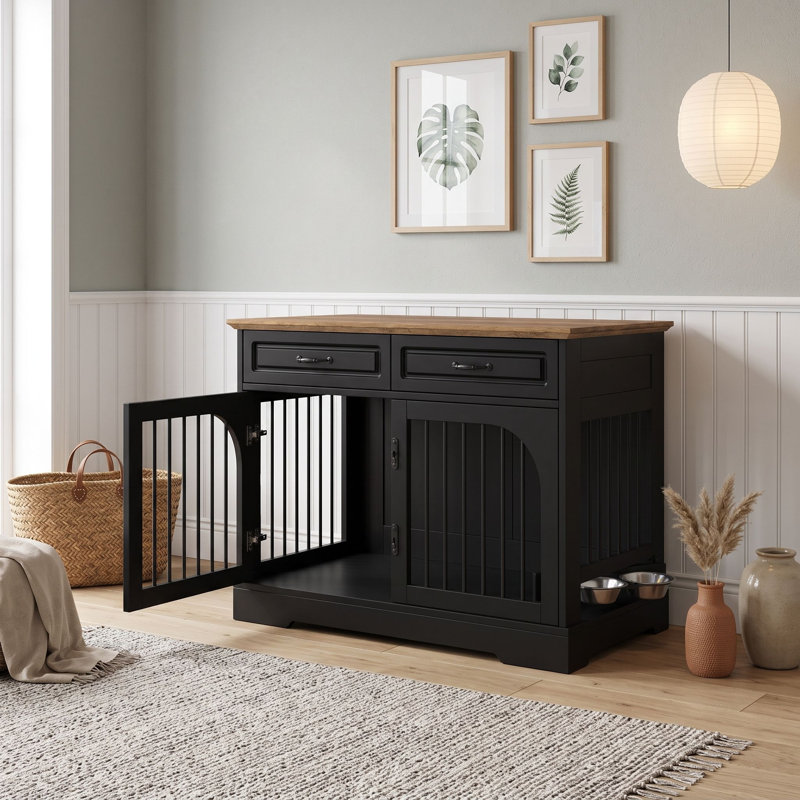 Meuble pour chien 43,3 po avec 2 tiroirs et bol rotatif, table d'appoint avec barres en métal sécurisées, Noir