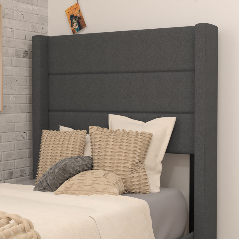Upholstered Platform Bed with Wingback Headboard, Mattress Foundation with Slatted Supports, Twin, Charcoal
