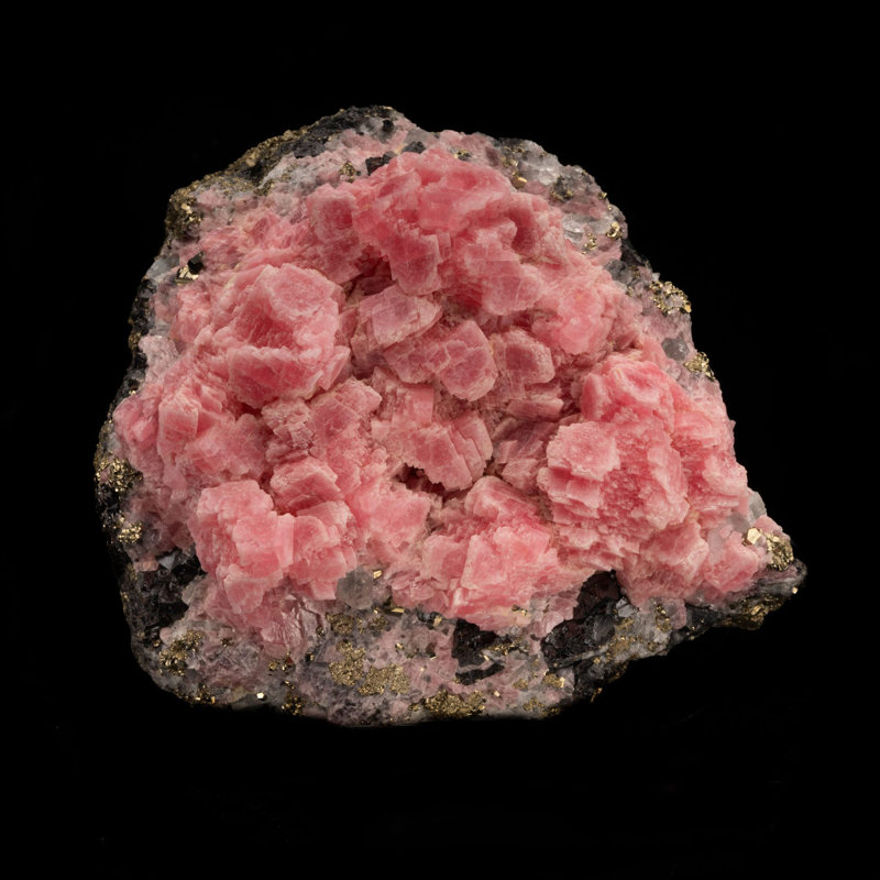 Rhodochrosite sur pyrite et tétrahédrite du Pérou