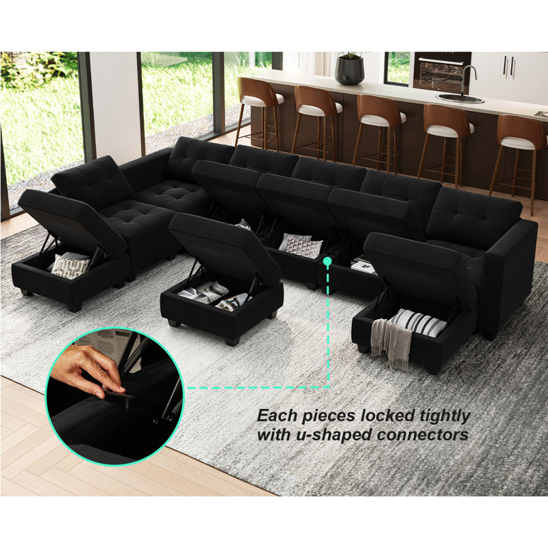 Soneson 143'' Wide Free Combined Tufted Velvet Sectional Sofa with Storage and Adjustable Backrest, Black Velvet