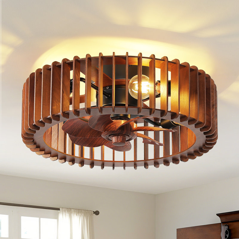 20" Flush Mount Caged Wooden Ceiling Fan With Lights And Remote Control, Walnut