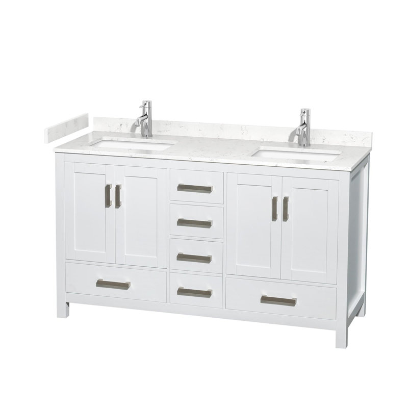 Meuble-lavabo double autoportant 60 po avec plateau en marbre Sheffield, Marbre de culture de Carrare, Blanc